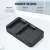 A black dual battery charger with text overlay describing its features. Náhled obrázku produktu