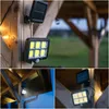 Collage of solar-powered outdoor lights mounted on wooden structures, showing different angles and lighting conditions. Produktbild-Vorschau