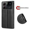 A black flip case for a smartphone, shown from the back with the front cover open, and a close-up of the closure mechanism. There is also a graphic indicating a magnetic closure. Produktbild-Vorschau