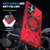 A red phone case with a magnetic ring stand is shown against a dark, rocky background with debris. Produktbild-Vorschau