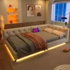 A modern bedroom with a tufted daybed, decorative pillows, and ambient LED lighting. Náhľad obrázku produktu