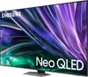 A Samsung Neo QLED TV is shown from a diagonal angle, displaying a colorful abstract image on its screen. Produktbild-Vorschau