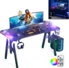 A gaming desk with a monitor, keyboard, mouse, and computer tower, all illuminated by LED lights. Produktbild-Vorschau