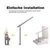 Illustration showing the installation steps of a handrail, from a worker to a standalone post, and finally installed on stairs. Produktbild-Vorschau