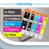 A collection of printer ink cartridges with labels indicating their color and model number, alongside text labels listing quantities of different colored ink cartridges. Produktbild-Vorschau