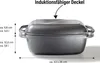 A gray roasting pan with a clear lid, shown from the side with dimensions indicated. Produktbild-Vorschau