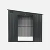 A dark gray metal garden shed with a sloped roof and an open doorway. Produktbild-Vorschau