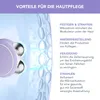 A close-up of a purple skincare device with silver rollers, shown against a background illustrating skin cells and glowing lines representing microcurrents. Text lists the benefits of the device. Produktbild-Vorschau