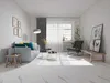 A modern living room with white marble-look flooring, a grey sofa, and a window with sheer curtains. Produktbild-Vorschau