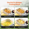Collage showing a multi-purpose cooking pot being used for different cooking tasks: frying chicken wings, frying french fries, boiling soup, and boiling vegetables. Náhled obrázku produktu