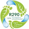 A circular graphic with green leaves, blue water droplets, and footprints, containing text related to environmental impact and efficiency. Produktbild-Vorschau