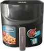A black air fryer with stickers on the front. Produktbild-Vorschau