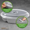 A gray microwave plate with a transparent lid, shown on a gray surface. Insets highlight the lid's secure closure and adjustable ventilation. Produktbild-Vorschau