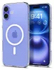 A clear, professional shot of a transparent phone case with a purple tint, showcasing the Apple logo and magnetic ring on the back, placed next to an iPhone. Podgląd zdjęcia produktu