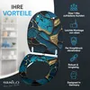 A toilet seat with a marble-like pattern is displayed open, with marketing text and icons on the right side. Produktbild-Vorschau