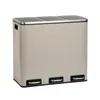A three-compartment trash can with pedal-operated lids. Produktbild-Vorschau