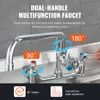 A close-up view of a commercial kitchen faucet with text overlays highlighting its features. Produktbild-Vorschau
