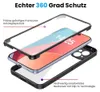 An exploded view of a phone case, showing its three components: a front cover with screen protector, the phone itself, and a back cover. Produktbild-Vorschau