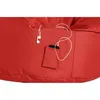 A close-up view of a red beanbag chair with a small pocket holding a smartphone and white earbuds. Produktbild-Vorschau
