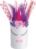 A decorated cup with straws and feathers sticking out, resembling a unicorn. Produktbild-Vorschau