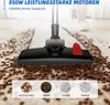 A vacuum cleaner head is shown cleaning a carpet with debris, with inset images showing different types of debris. Produktbild-Vorschau