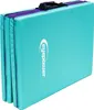 A folded turquoise gym mat with purple trim and a black handle. Produktbild-Vorschau