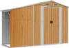 A brown and silver metal shed with double doors. Náhled obrázku produktu