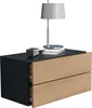 A modern black and wood tone nightstand with two drawers, a lamp, and a small digital clock on top. Podgląd zdjęcia produktu