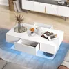 A white coffee table with LED lighting is shown in a living room setting, with a sofa and a TV stand in the background. Voir les images du produit