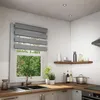 A modern kitchen scene featuring a window with zebra blinds, a sink, and countertops. Voir les images du produit