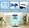 An instructional graphic showing how to use an air cooler, with a product shot at the bottom. Produktbild-Vorschau
