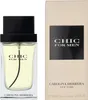 A bottle of Carolina Herrera Chic For Men eau de toilette and its packaging are displayed side-by-side against a white background. Voir les images du produit