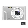 A silver digital camera and a micro SD card are shown against a white background. Produktbild-Vorschau
