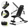 A black adjustable weight bench with expander bands, shown with close-up diagrams highlighting its features. Náhľad obrázku produktu