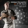 A baseball player in uniform is shown from the chest up, with a smartwatch on his wrist. The background is dark gray and features numerous white icons representing various sports. Produktbild-Vorschau