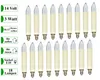 A collection of 18 candle-shaped light bulbs arranged in two rows on a white background, with descriptive text labels on the left side. Produktbild-Vorschau