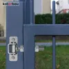 A close-up view of a gate hinge and bolt assembly on a dark blue metal gate. Podgląd zdjęcia produktu