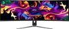A curved ultrawide gaming monitor displaying a vibrant, abstract wallpaper. Produktbild-Vorschau