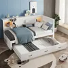 A white daybed with a pull-out trundle bed in a child's bedroom. The daybed has built-in storage and LED lighting. Decorated with children's toys and wall art. Produktbild-Vorschau