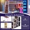 A loft bed with a desk, wardrobe, and storage stairs, presented with marketing text and feature callouts. Anteprima dell’immagine prodotto