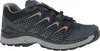 A side view of a single blue and orange hiking shoe against a white background. Voir les images du produit