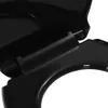 A close-up view of the hinge mechanism of a black toilet seat. Produktbild-Vorschau