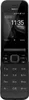 A black Nokia 2720 Flip phone is shown in a front view, with the screen displaying the time and date. Produktbild-Vorschau