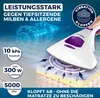 A hand holding a white and purple handheld vacuum cleaner over a mattress, with illustrations of mites and vibrations. Produktbild-Vorschau