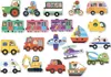 A collection of colorful, cartoon-style vehicle magnets with animal characters. Produktbild-Vorschau