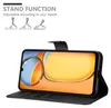 A black phone case is shown in an open position, displaying a smartphone screen with a colorful wallpaper. The case is designed to function as a stand, and illustrations of its stand functionality are shown at the top of the image. Produktbild-Vorschau