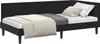 A black corner bed frame with bedding. Podgląd zdjęcia produktu