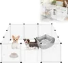 Two puppies are inside a white plastic playpen with a dog bed and a food bowl. A smaller inset image shows a similar playpen with other small animals. Voir les images du produit