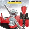Close-up view of a pipe bender with a pipe being bent. Voir les images du produit