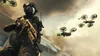 A soldier in tactical gear holding a rifle, with drones flying in the background. Produktbild-Vorschau